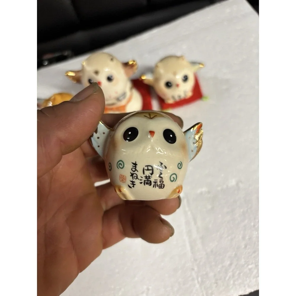 Vintage Yakushigama Japan Pottery Owls Set 5 Pcs Lucky Fukurou Fortune Decor⁠